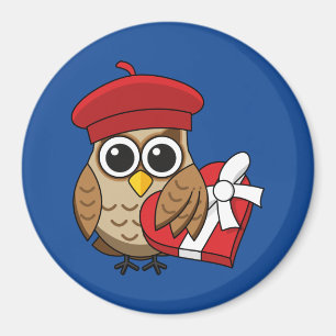 Aimant Chouette mignonne avec béret rouge et boîte cardia