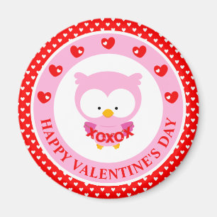 Aimant Chouette rose mignonne et Saint-Valentin coeurs