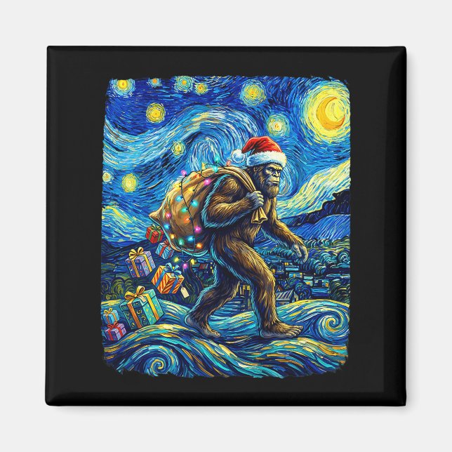 Aimant Christmas Bigfoot Santa Hat Van Gogh Starry Night  (Devant)