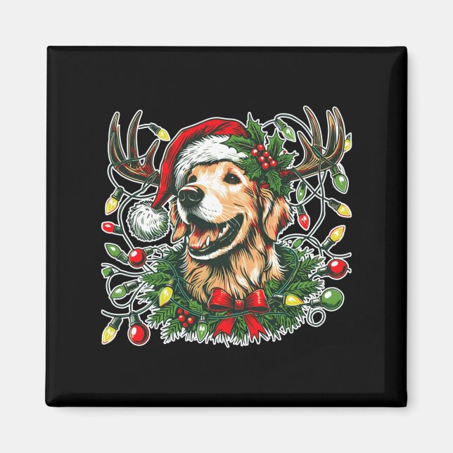 Aimant Christmas Golden Retriever Antlers Santa Hat Long  (Devant)