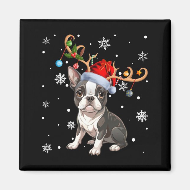 Aimant Christmas Light Reindeer Santa Hat Boston Terrier  (Devant)
