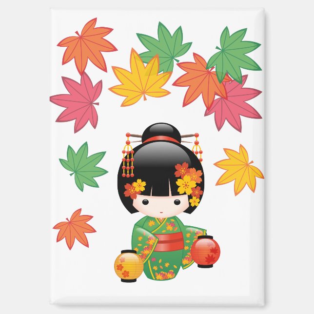 Aimant Chute Kokeshi Poupée verte Kimono Geisha Girl (Recto)