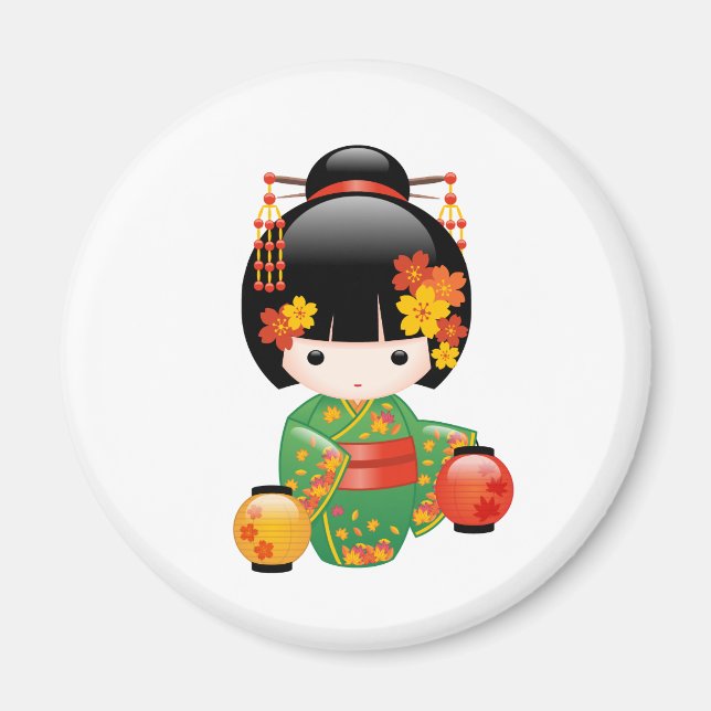 Aimant Chute Poupée Kokeshi - Green Kimono Geisha Girl (Devant)
