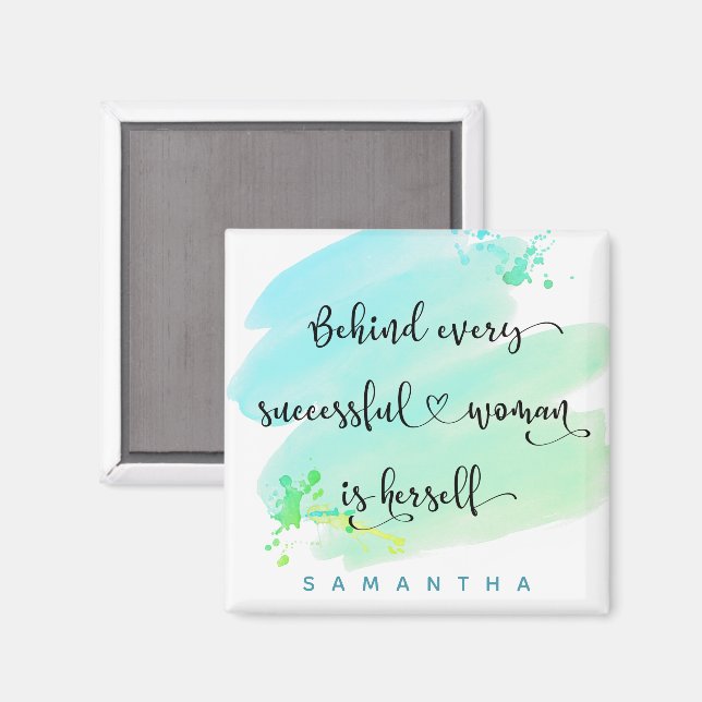 Aimant Citation de femme réussie Turquoise Aquarelle Scri (Recto/Verso)