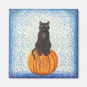 Aimant Citrouille de chat noir Pointillisme Halloween