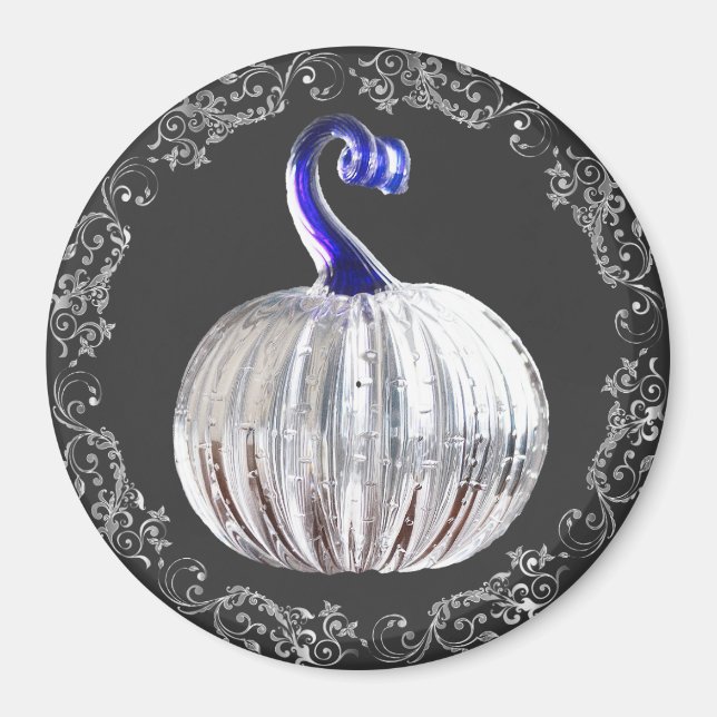 Aimant Citrouille en verre argenté look bleu gris automne (Devant)