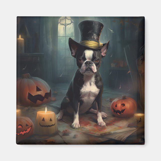 Aimant Citrouilles Boston Terrier Halloween Épouvantable (Devant)