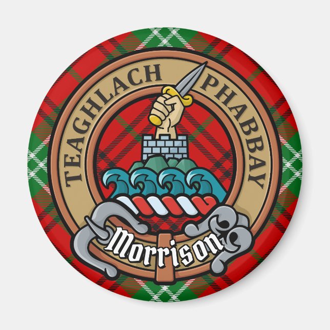 Aimant Clan Morrison Crest sur Red Tartan (Devant)