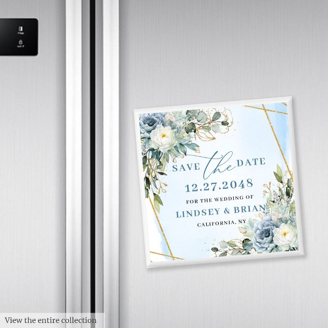Aimant Classique Bleu Poussiéreux Botanique Or Faire Part (Classic Dusty Blue Botanical Gold Save The Date Magnet

)