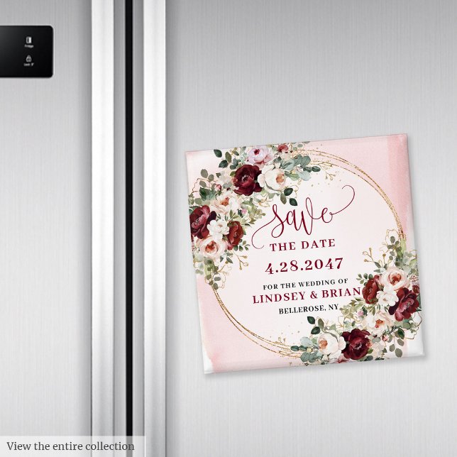 Aimant Classique Bohème Rouge Bordeaux Doré Fleurs Save t (Classic Boho Maroon Blush Gold Floral Save the Date Magnet

)