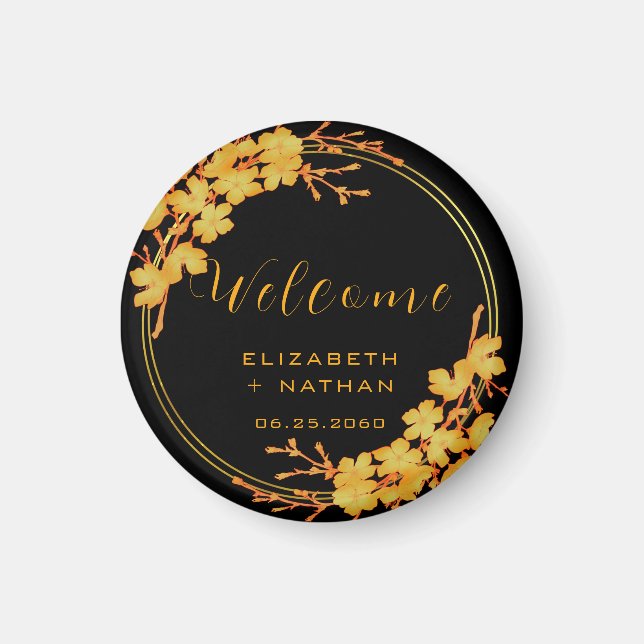 Aimant Classy Black & Gold Floral Mariage accueil (Devant)