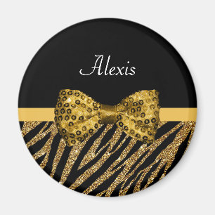 Aimant Classy Gold Zebra Print FAUX Glitz Bow avec nom