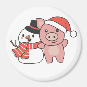 Aimant Cochon Avec Snowman En Hiver Pour L'Aimant De Noël