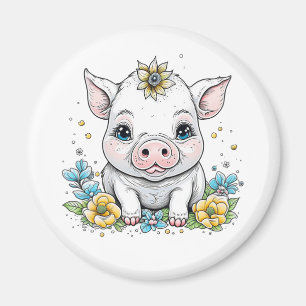 Aimant Cochon de dessin mignon en fleurs