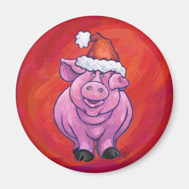Aimant Cochon mignon à Santa Hat sur rouge (Devant)