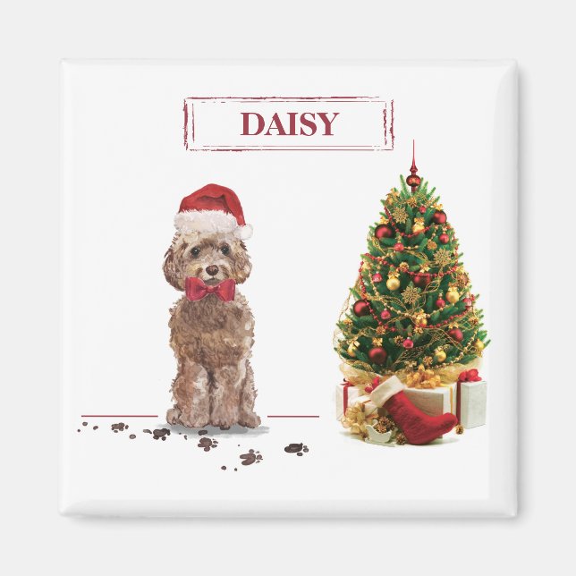 Aimant Cockapo Brown Funny Chien de Noël et Arbre (Devant)