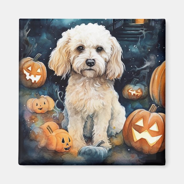 Aimant Cockapou d'Halloween avec la peur Citrouille (Devant)