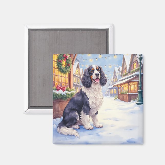 Aimant Cocker Spaniel Snowy Village Christmas Art (Recto/Verso)