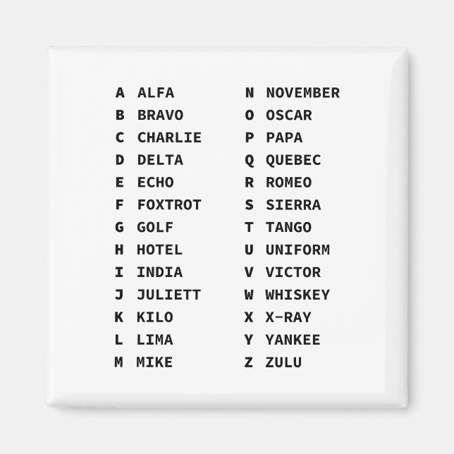 Aimant Code alphabétique phonétique de l'aviation (Devant)
