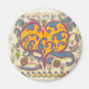 Aimant Coeur d'art populaire avec feuilles et fleurs