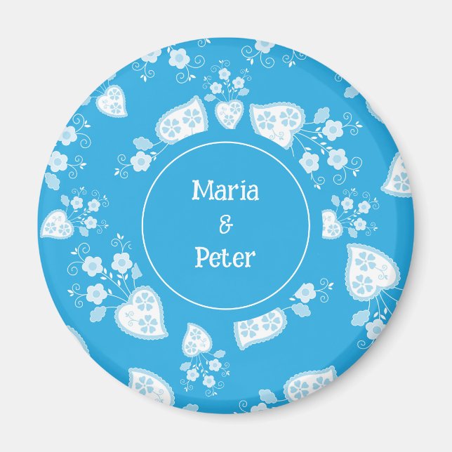 Aimant Coeur de fleur bleu avec fleurs motif (Devant)