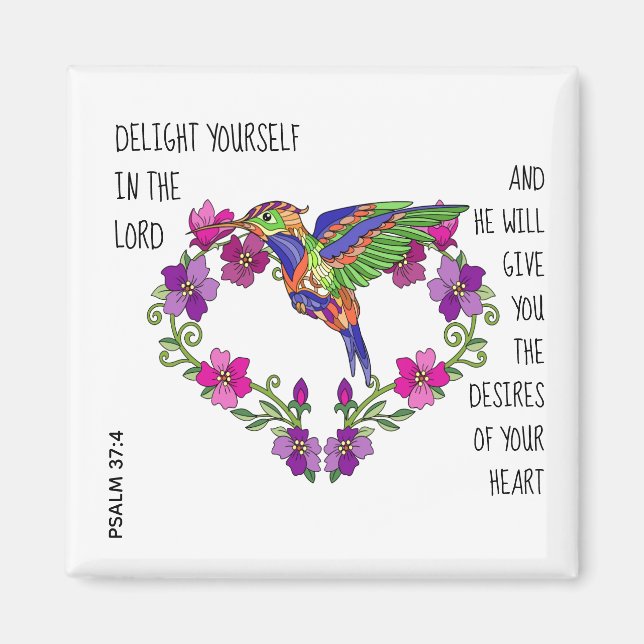 Aimant Coeur et colibri, w verset du psaume 37:4 (Devant)