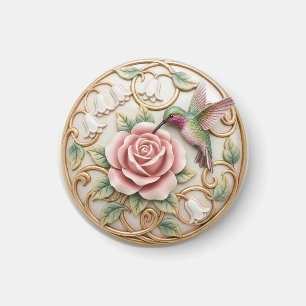 Aimant Colibri Vintage Rose Florale Rose Pink Victorien