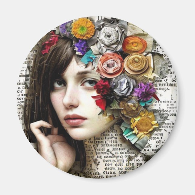 Aimant Collage | Jolie fille avec des fleurs dans ses che (Devant)
