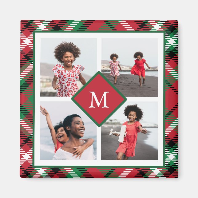 Aimant Collage photo et monogramme de vacances Red Plaid (Devant)