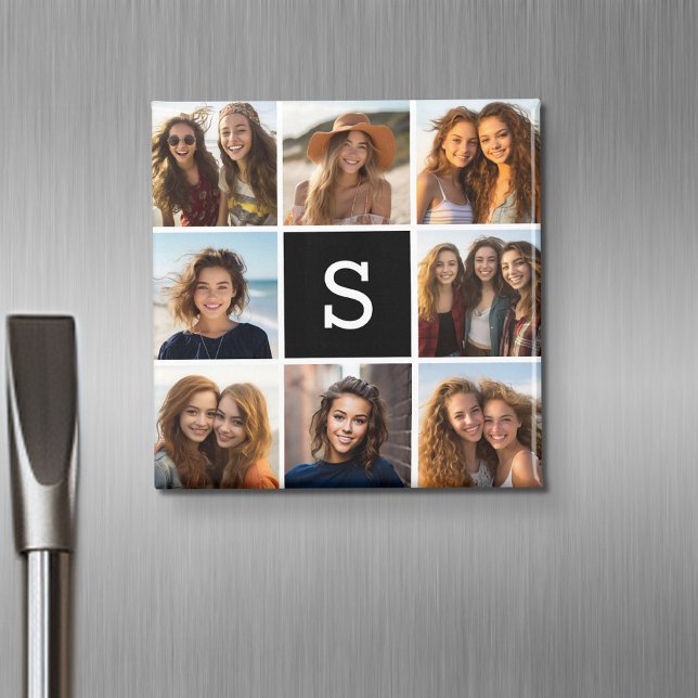 Aimant Collage photo noir et blanc Monogramme personnalis (Personalized fridge magnet with photos and custom text)