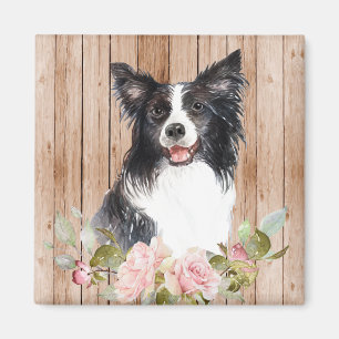 Aimant Collie de Border aquarelle & Fleurs