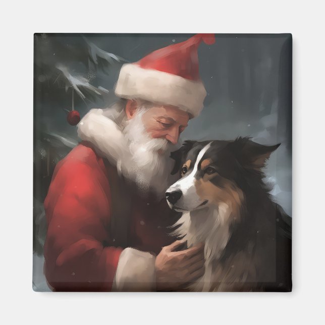 Aimant Collie frontalier avec Noël Festif du Père Noël (Devant)