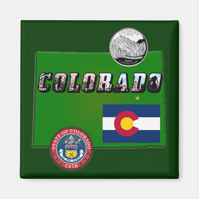Aimant Colorado Texte, Drapeau, Sceau, Trimestre, Carte (Devant)