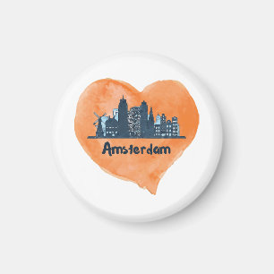Aimant Coloré Amsterdam City Skyline Watercolor Heart P
