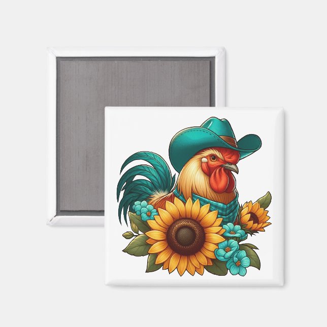 Aimant Coq avec Casquette Turquoise et tournesols (Recto/Verso)