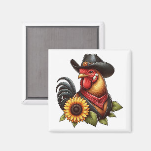 Aimant Coq Coloré en Chapeau de Cowboy avec Tournesol