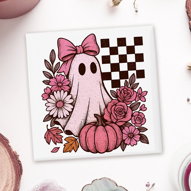 Aimant Coquette rose rétro Fille fantôme avec Bow Hallowe (This coquette ghost retro Halloween design combines floral sweetness with spooky spirit.)
