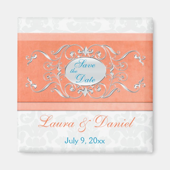 Aimant Corail, Aqua et Grey Damask Sauvez l'aimant Date (Devant)