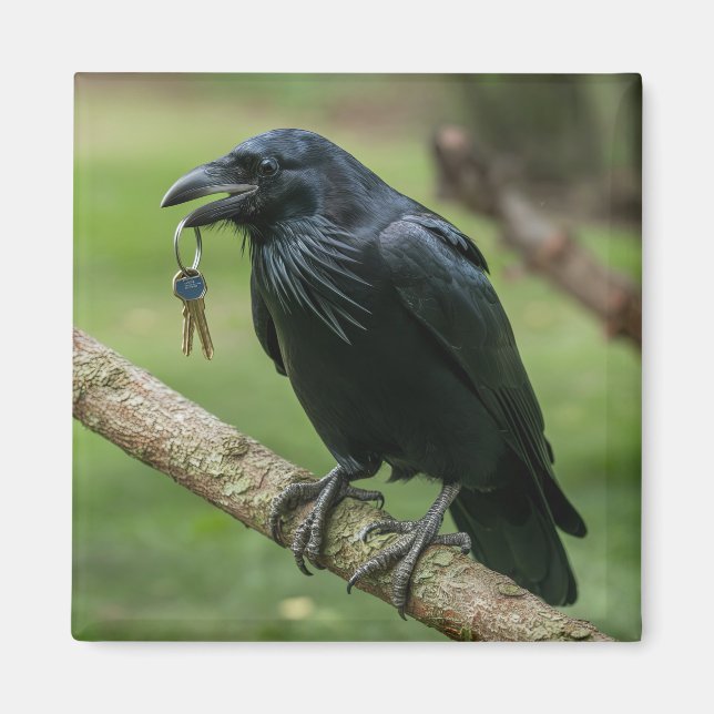 Aimant Corbeau sur une branche avec clé (Devant)