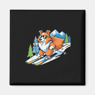 Aimant Corgi alpin sur skis Lunettes de soleil cool Scène