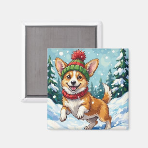 Aimant Corgi joyeux bondissant dans la neige avec un Pom
