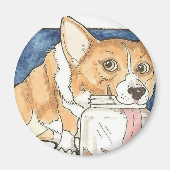 Aimant Corgi lécher le pot de beurre d'arachide (Devant)