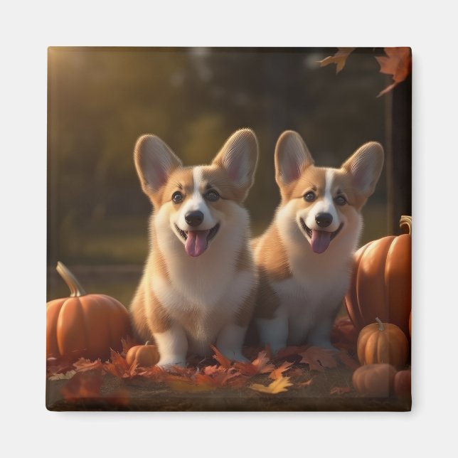 Aimant Corgi Puppy Automne Citrouille de plaisir (Devant)