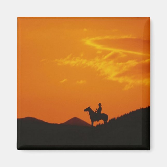 Aimant Coucher de soleil orange avec silhouette Cowboy (Devant)