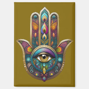 Aimant Couleurs de paon Hamsa avec troisième œil doré