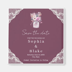 Aimant Country Lace Mason Jar Burgundy Enregistrer la dat