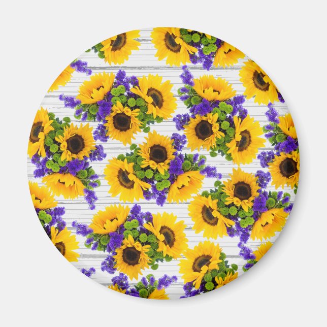 Aimant Country Rustic White Wood Purple Yellow Sunflower (Devant)
