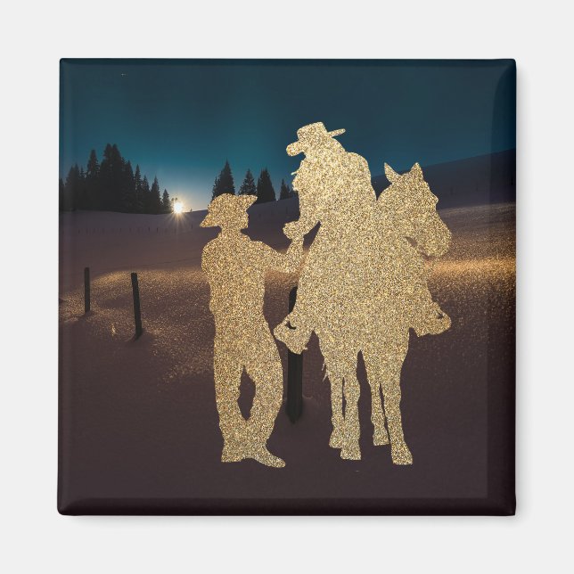 Aimant Couple Occidental Cowboy Cowgirl Avec Cheval (Devant)