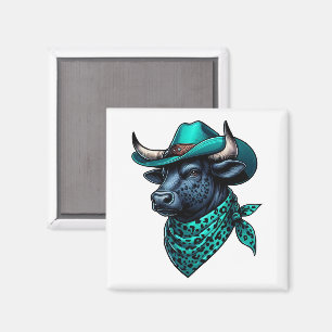 Aimant Cowboy Bull avec Casquette Turquoise et Écharpe à