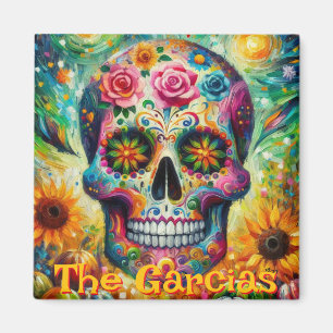 Aimant Crâne à sucre Roses tournesol personnalisé